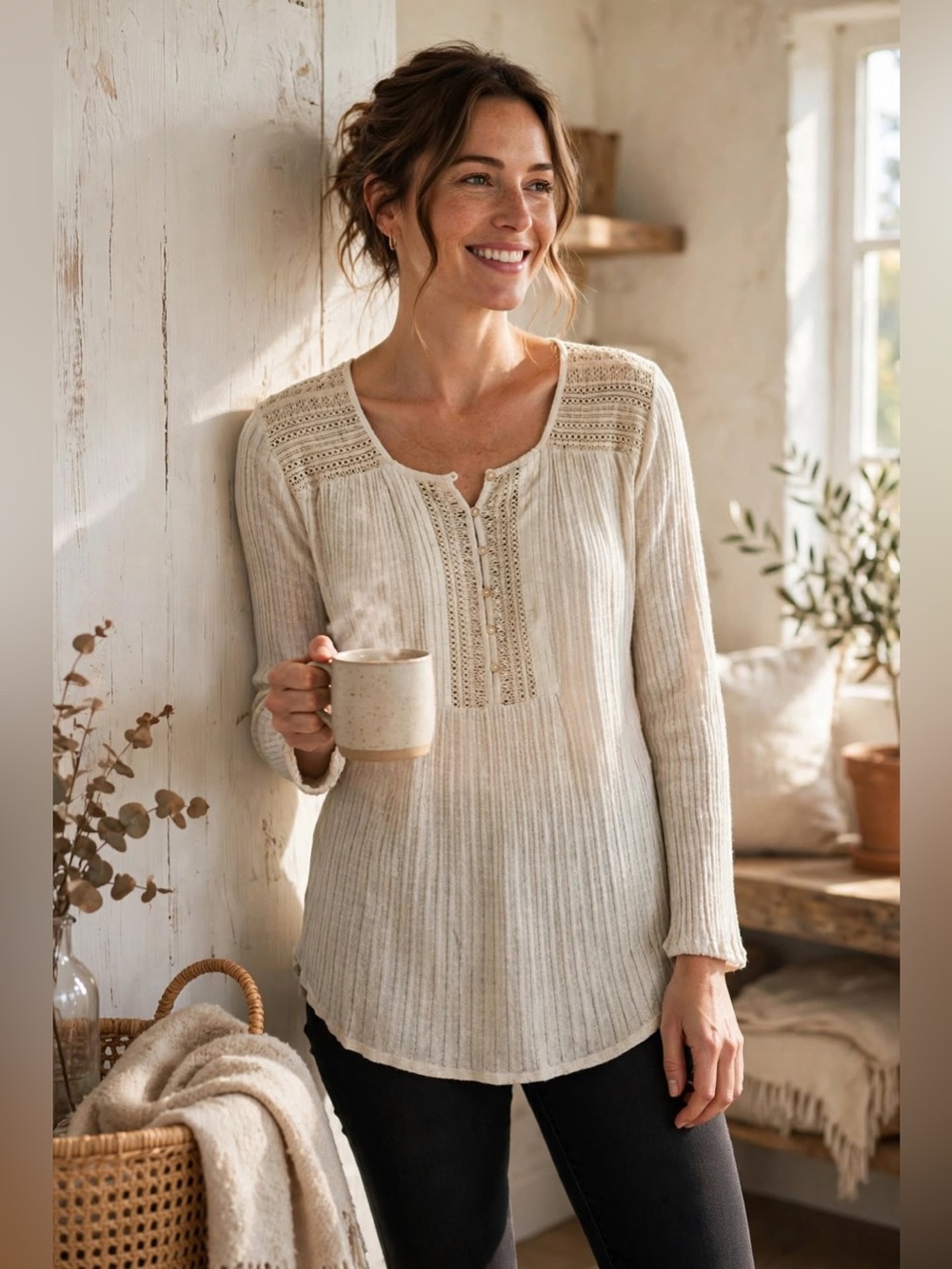 Lucky Brand Cream Lace Henley Boho Tunic Top Large